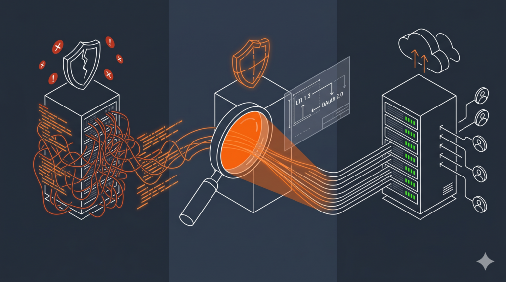 Ilustración de consultoría EdTech y arquitectura eLearning: diagnóstico y transformación de infraestructura técnica