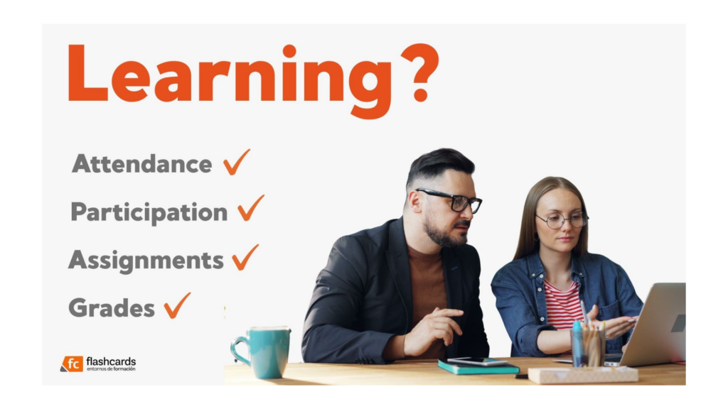 Infographic about learning assessment by Entornos de Formación showing checklist for attendance, participation, assignments and grades