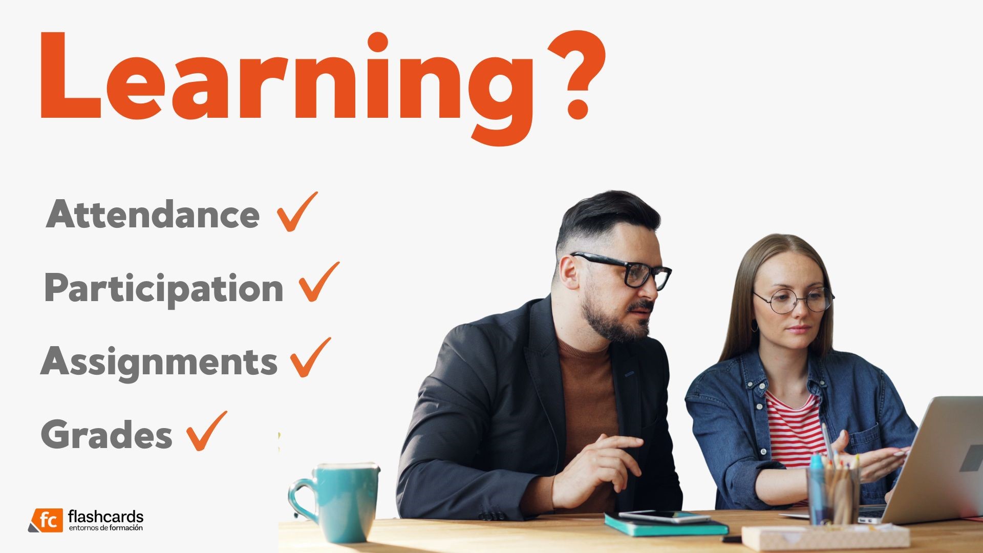 Infographic about learning assessment by Entornos de Formación showing checklist for attendance, participation, assignments and grades